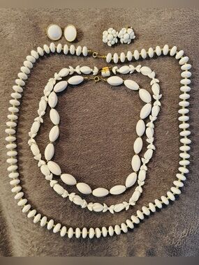 Vintage White Bead Layered Necklace and Earring Set